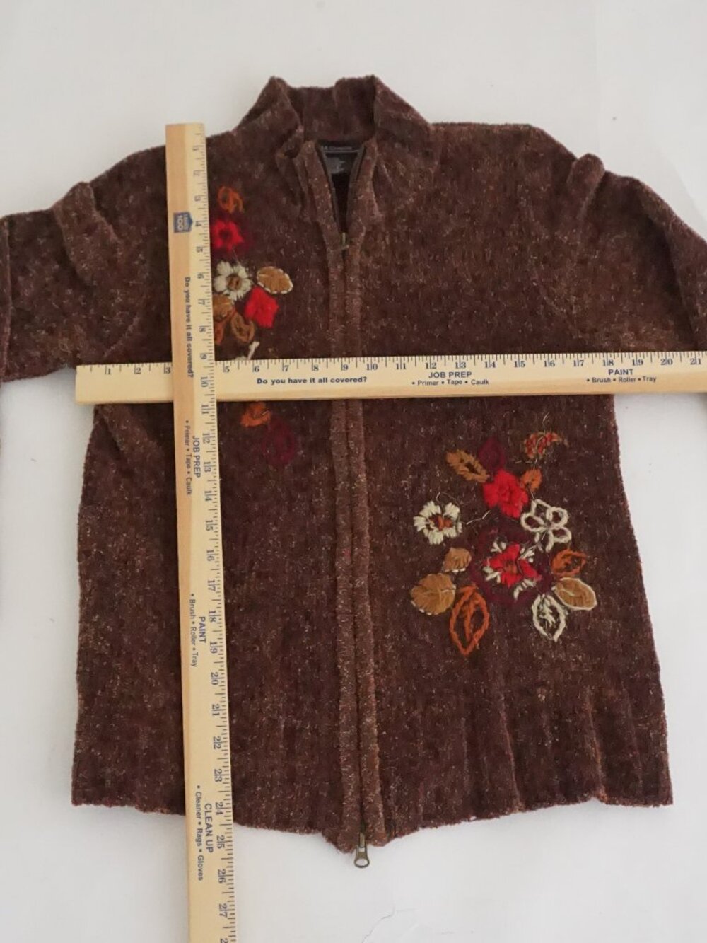 Vintage T & Company Brown Floral Embroidered Chenille Zip Boho Cardigan S - Picture 3 of 10